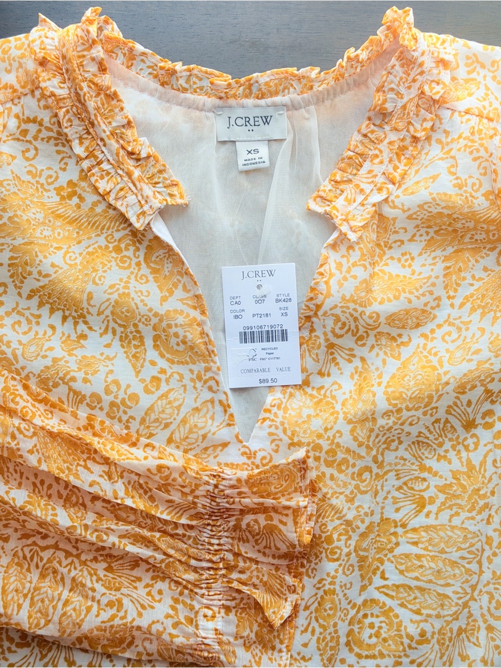 J.Crew Yellow Floral Paisley Blouse Ruffle Neck Long Sleeve V Neck Top Feminine - Picture 3 of 7